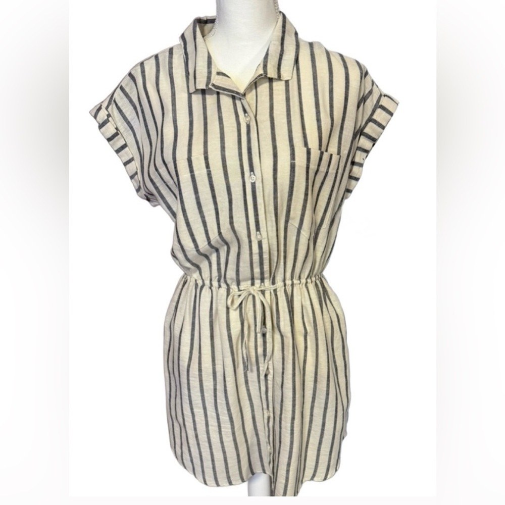 Striped Linen Blend Button-Up Shirt Dress EUC
